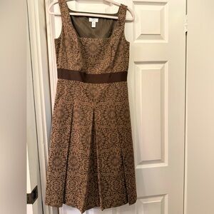 LOFT Brown A-Line Midi Dress Scoop Neck Pleated